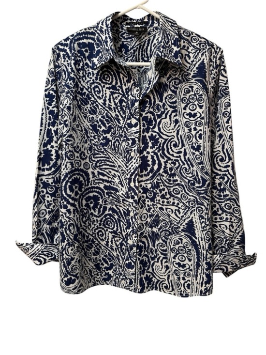 Foxcroft Tops - Foxcroft Chic Button-down Blouse Womens 14 Blue White Eclectic Floral Art Summer